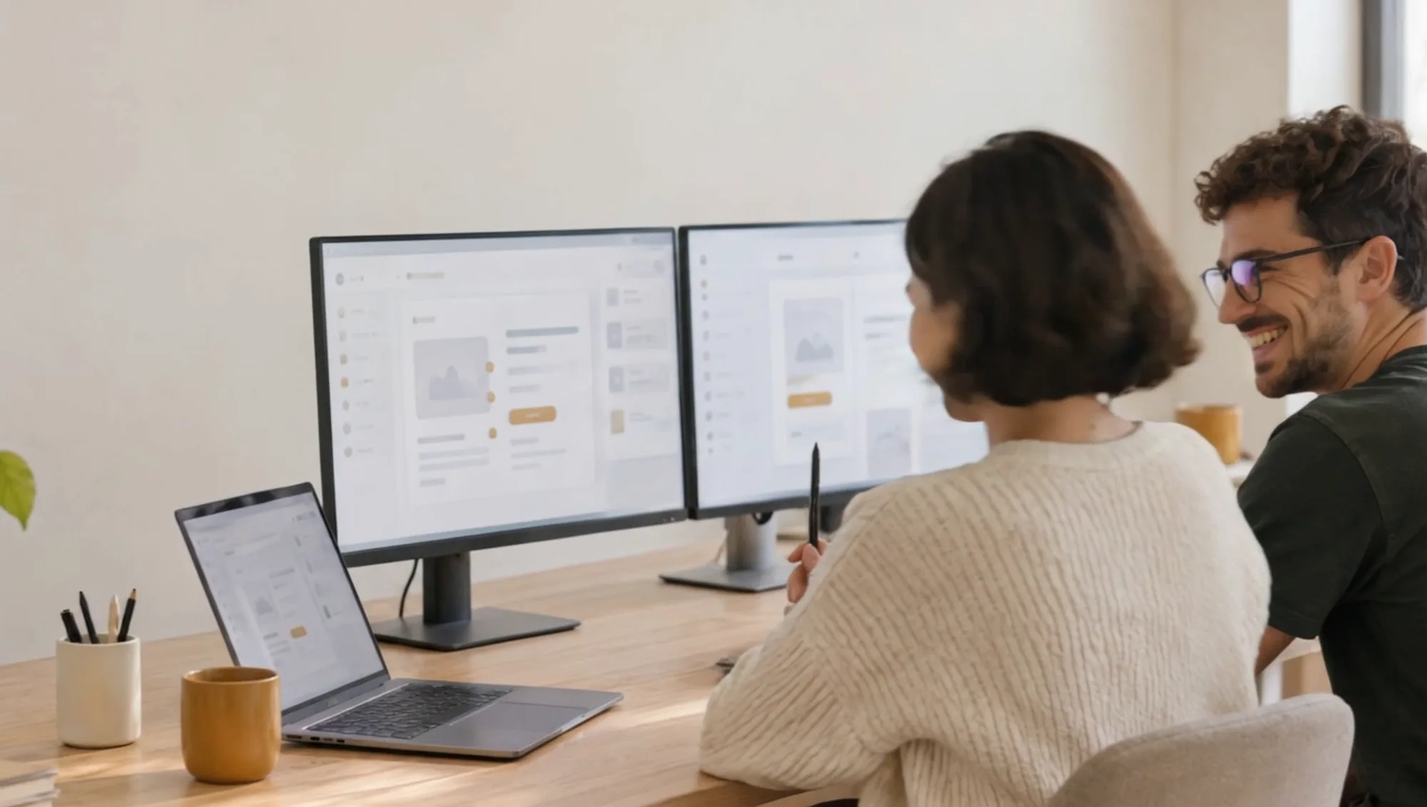 Illustration: a designer and a developer at a bright desk compare the same component on their screens.