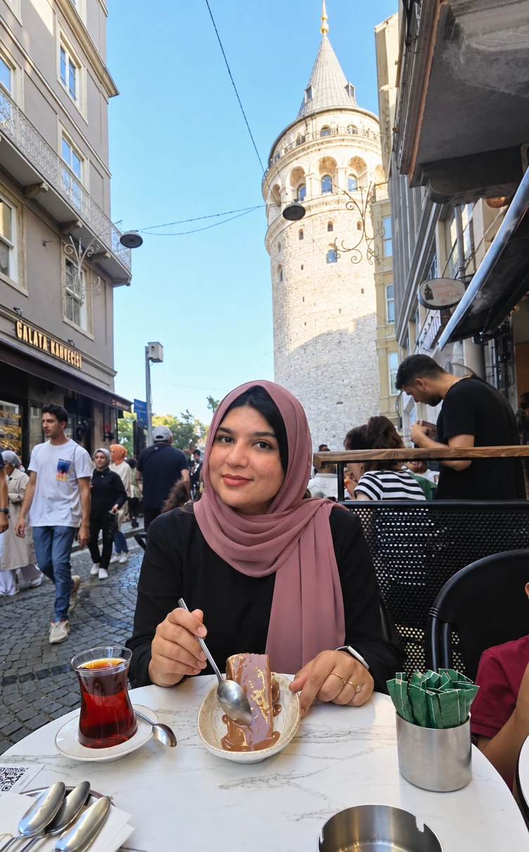 Arwa at a café table with Turkish tea and dessert, Galata Tower behind her in Istanbul.