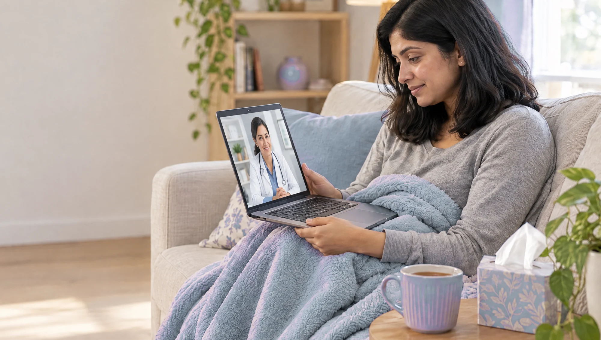 Illustration: a woman wrapped in a blanket on her sofa talks to a doctor on a video call from her laptop.