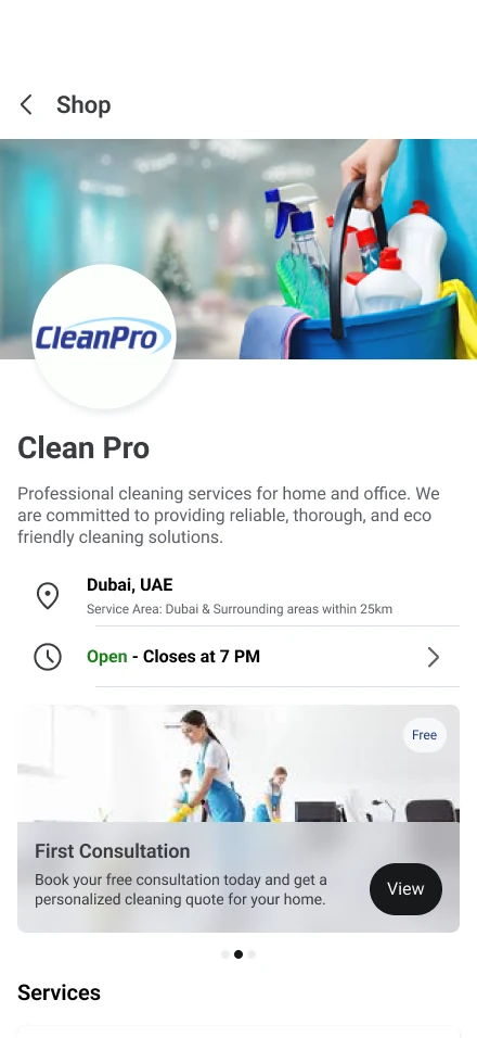 Clean Pro shop with a First Consultation card.
