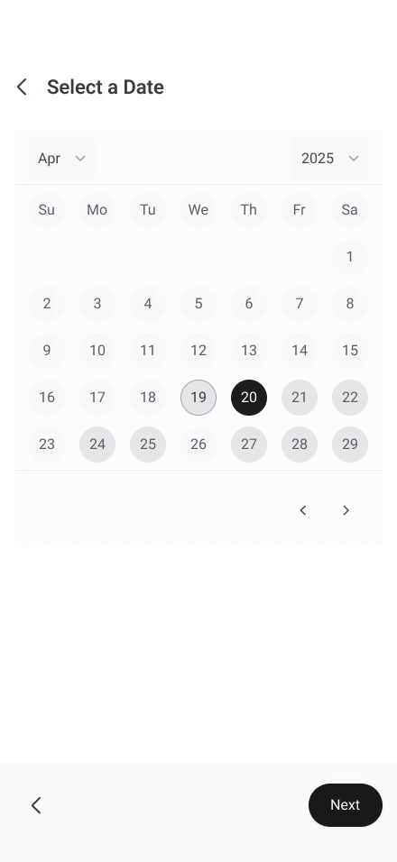 Select a Date, with one date picked on the month calendar.
