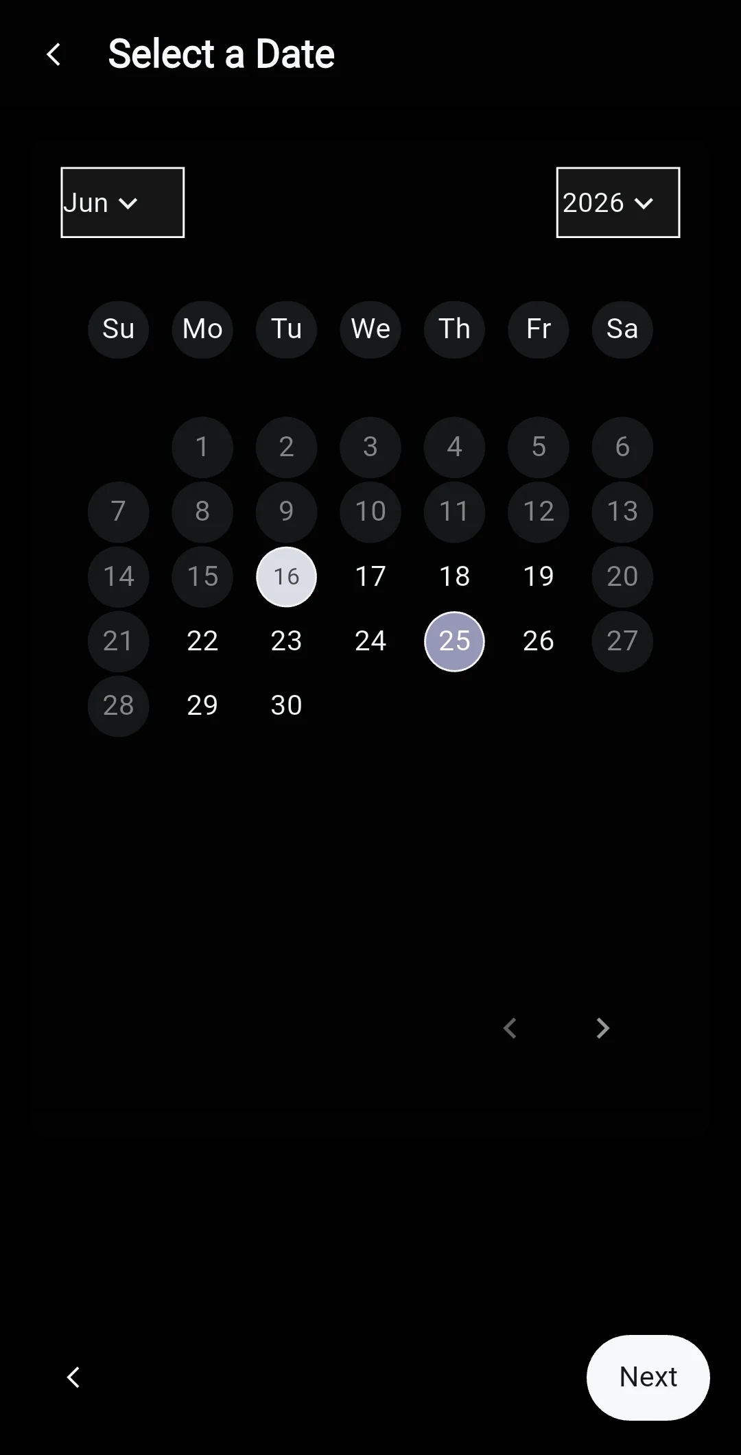 Date picker in dark mode as tested, where available and disabled dates look alike.