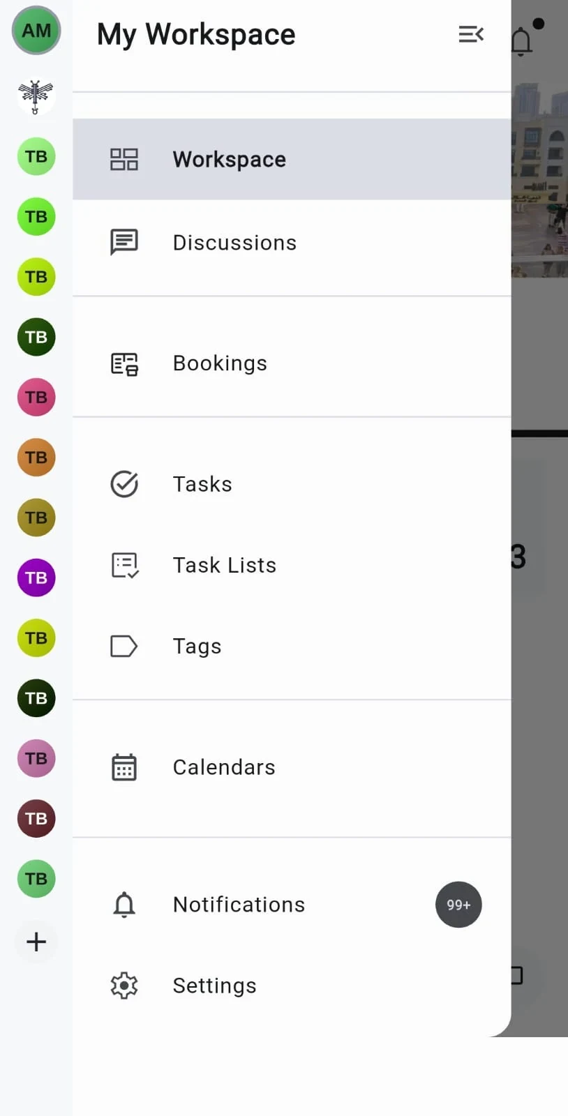 The side navigation tested, with items Workspace, Discussions, Bookings and more.